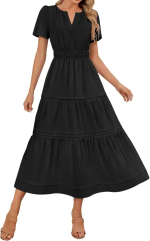 XUNRYAN 2025 Womens Summer Casual Midi Dresses Short Sleeve V Neck Elastic Waist Elegant Boho Flowy Long Dress Beach Sundress