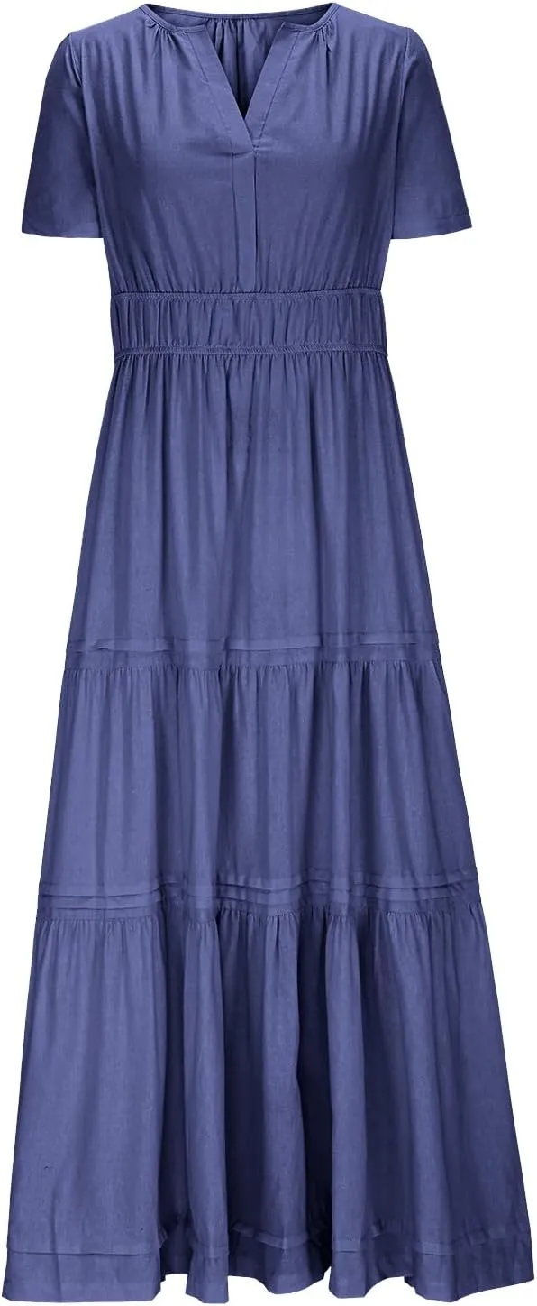 XUNRYAN 2025 Womens Summer Casual Midi Dresses Short Sleeve V Neck Elastic Waist Elegant Boho Flowy Long Dress Beach Sundress