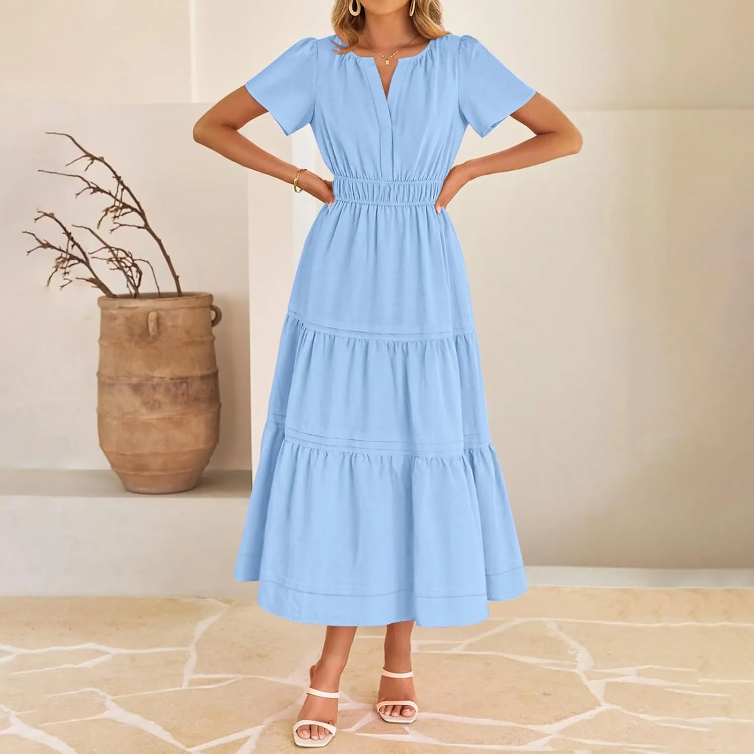 XUNRYAN 2025 Womens Summer Casual Midi Dresses Short Sleeve V Neck Elastic Waist Elegant Boho Flowy Long Dress Beach Sundress