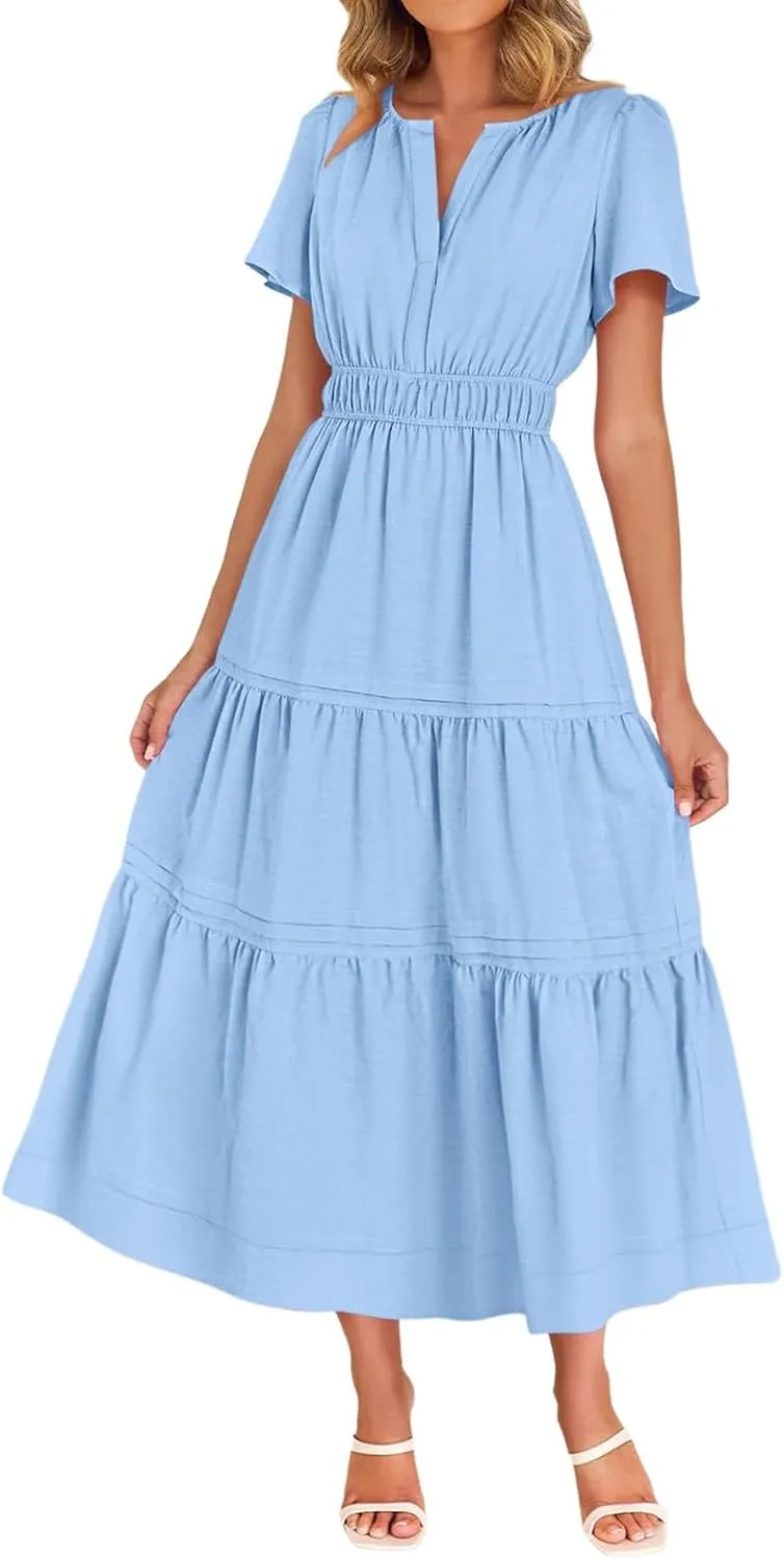 XUNRYAN 2025 Womens Summer Casual Midi Dresses Short Sleeve V Neck Elastic Waist Elegant Boho Flowy Long Dress Beach Sundress