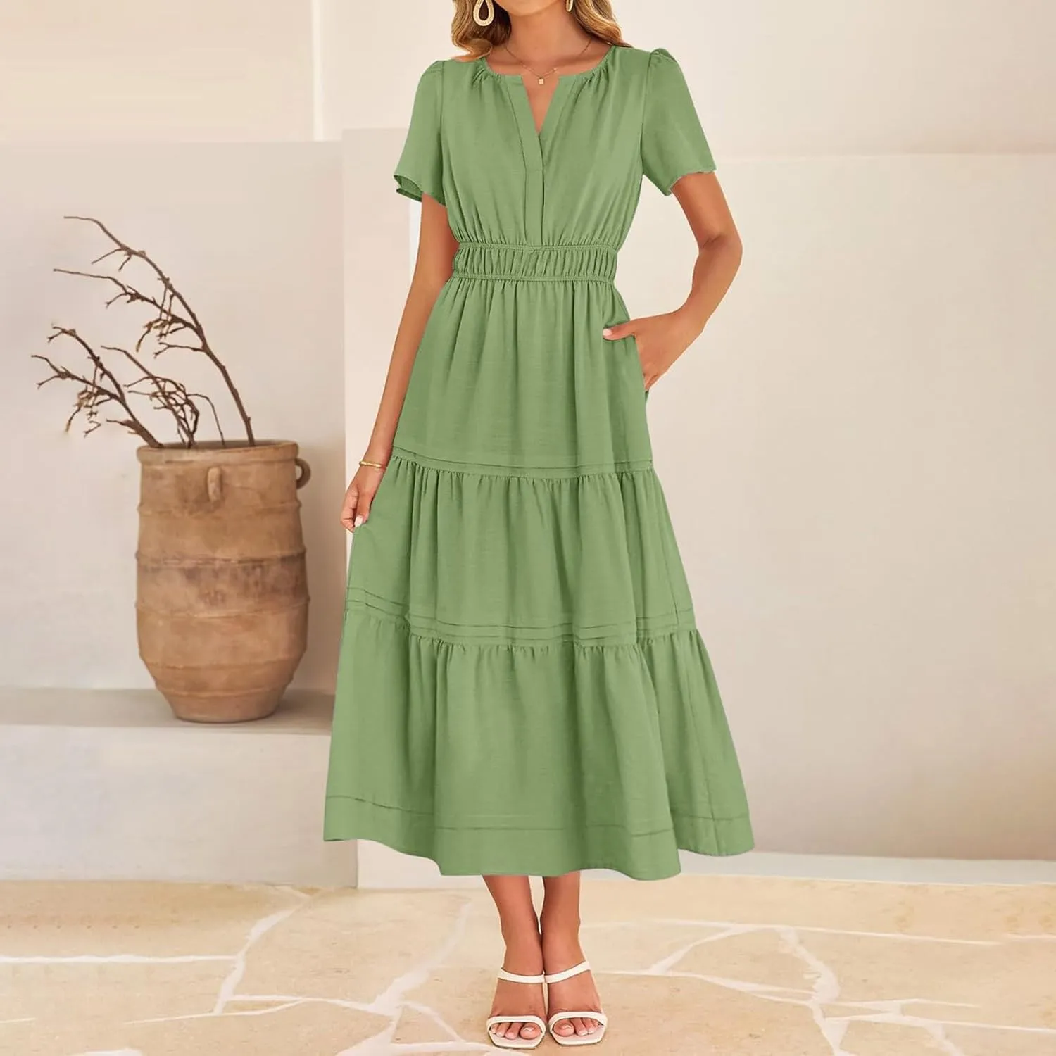 XUNRYAN 2025 Womens Summer Casual Midi Dresses Short Sleeve V Neck Elastic Waist Elegant Boho Flowy Long Dress Beach Sundress