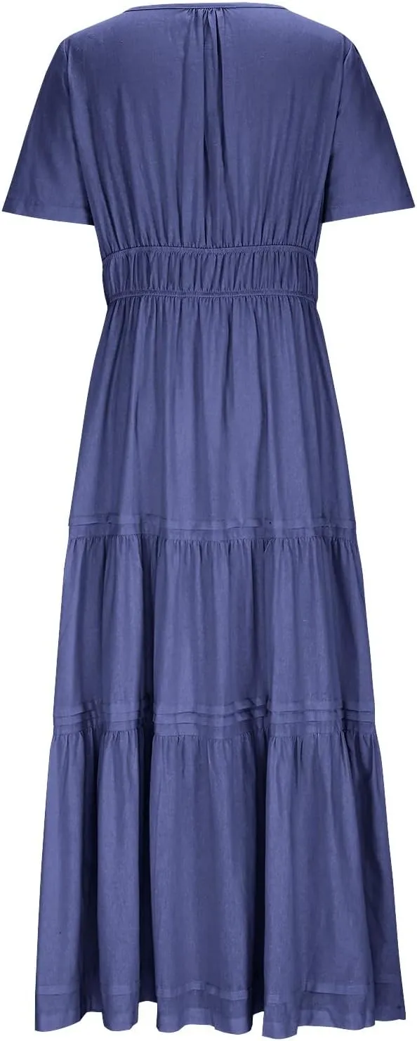 XUNRYAN 2025 Womens Summer Casual Midi Dresses Short Sleeve V Neck Elastic Waist Elegant Boho Flowy Long Dress Beach Sundress