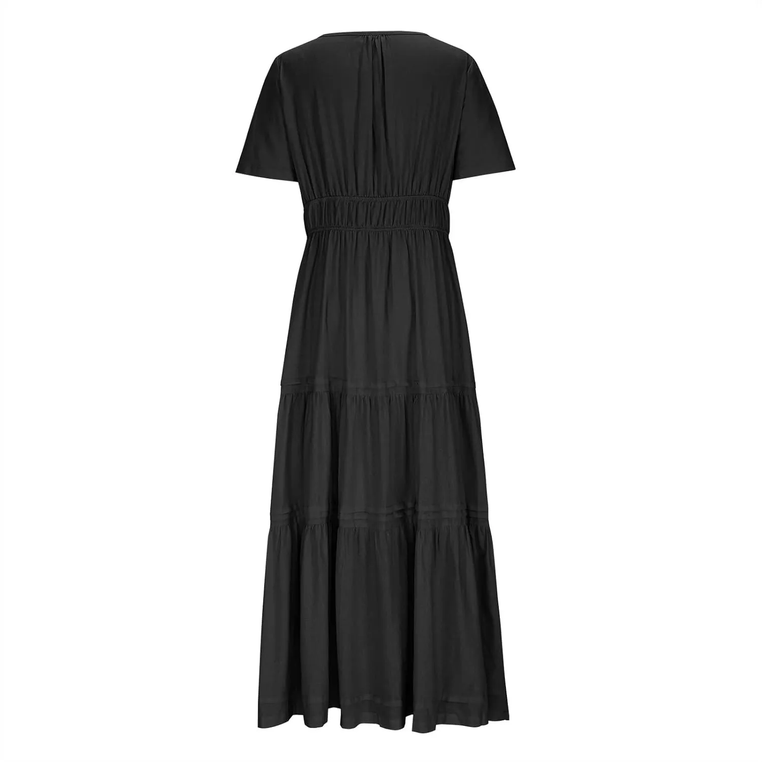 XUNRYAN 2025 Womens Summer Casual Midi Dresses Short Sleeve V Neck Elastic Waist Elegant Boho Flowy Long Dress Beach Sundress