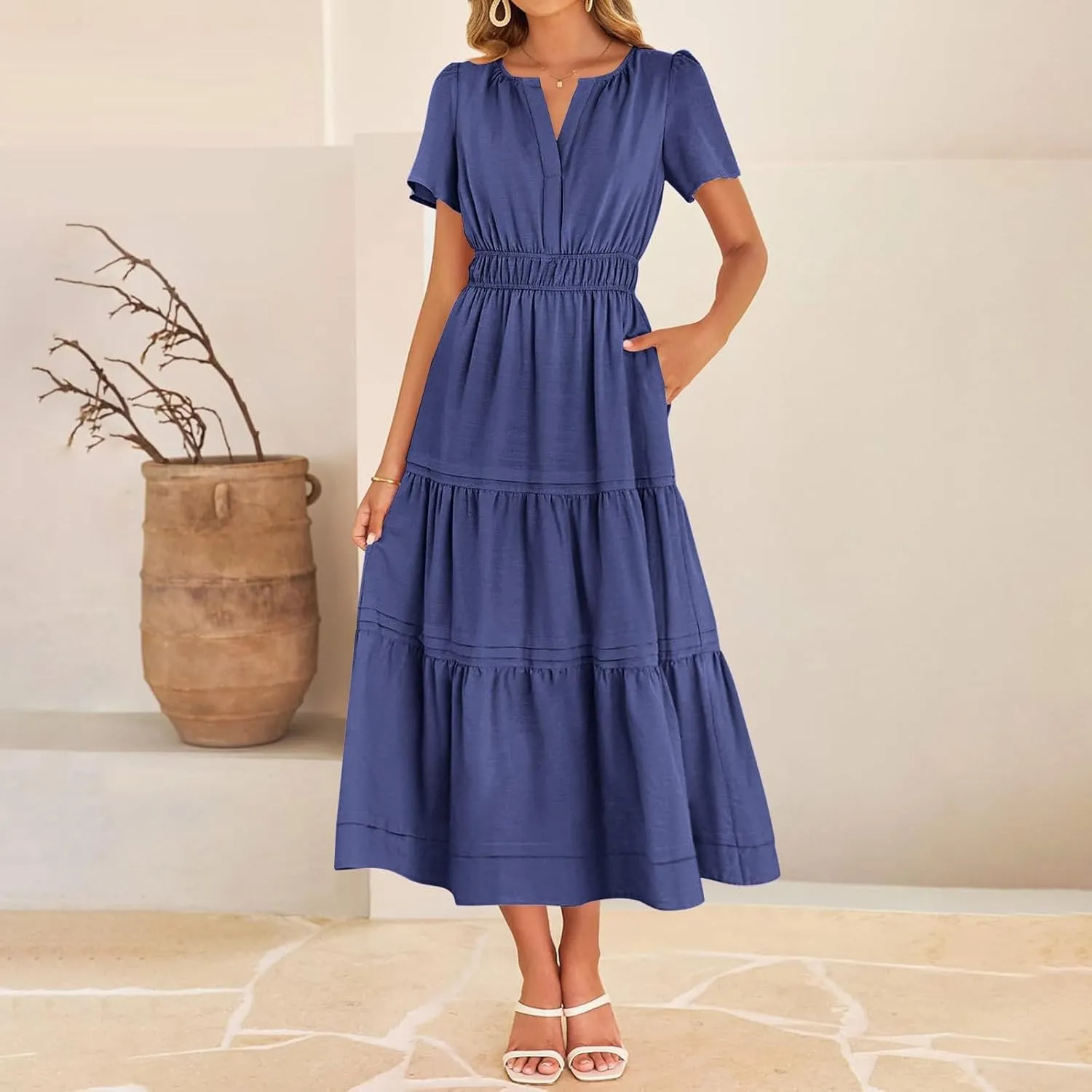 XUNRYAN 2025 Womens Summer Casual Midi Dresses Short Sleeve V Neck Elastic Waist Elegant Boho Flowy Long Dress Beach Sundress