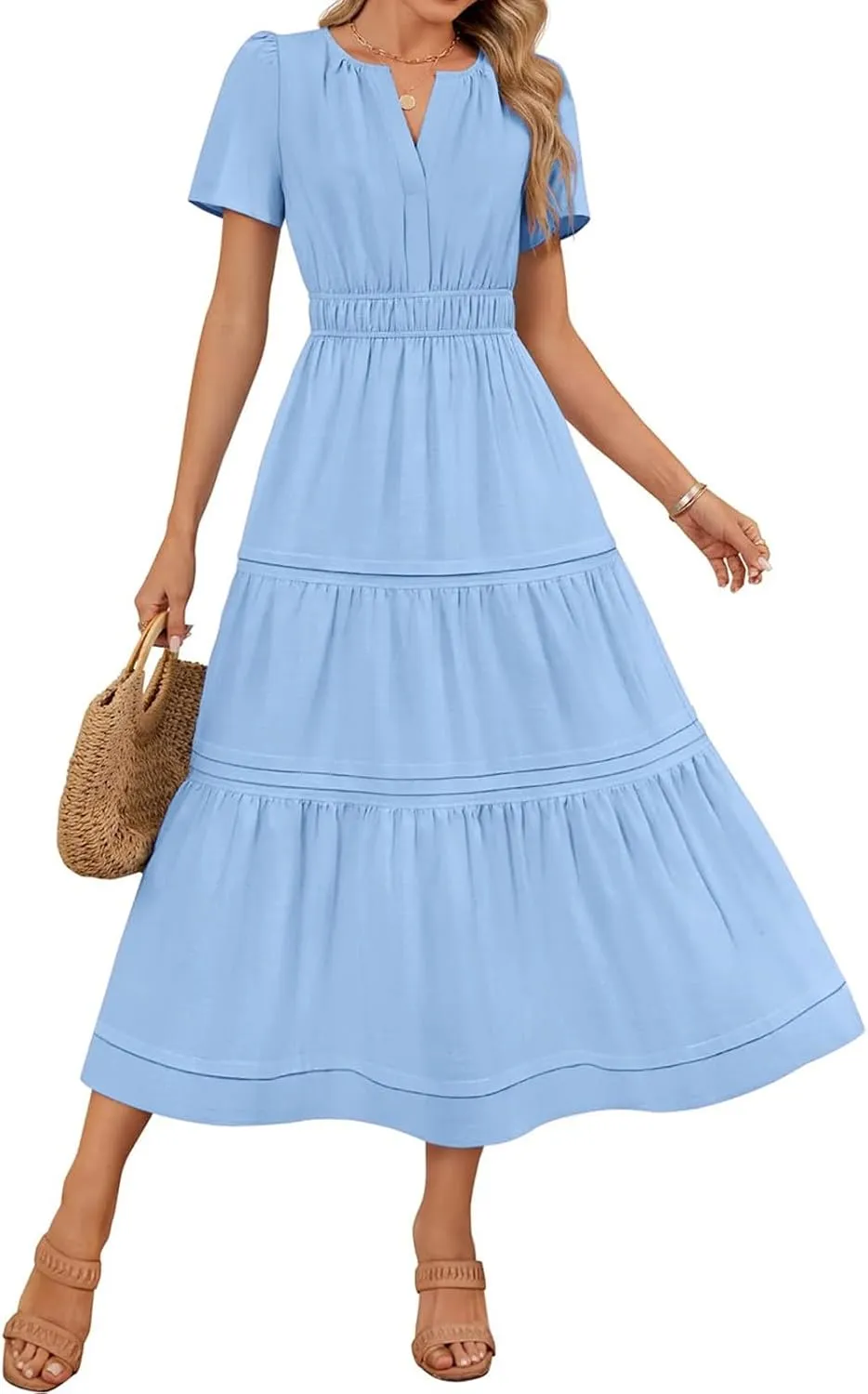 XUNRYAN 2025 Womens Summer Casual Midi Dresses Short Sleeve V Neck Elastic Waist Elegant Boho Flowy Long Dress Beach Sundress