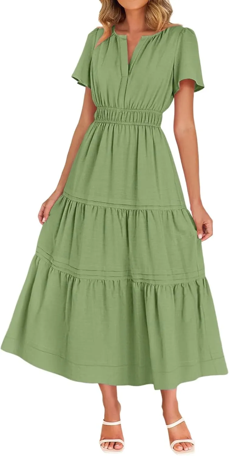 XUNRYAN 2025 Womens Summer Casual Midi Dresses Short Sleeve V Neck Elastic Waist Elegant Boho Flowy Long Dress Beach Sundress