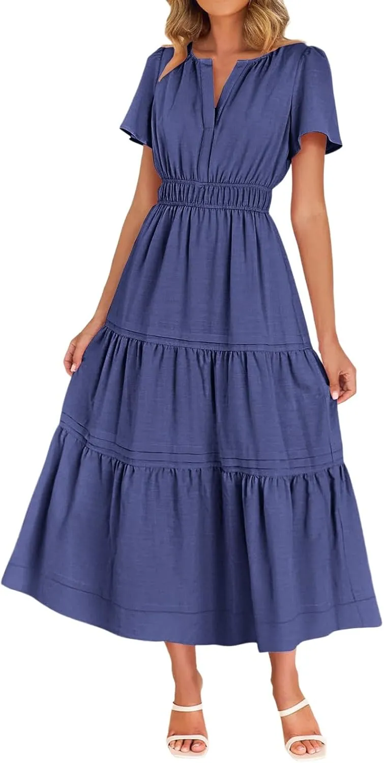 XUNRYAN 2025 Womens Summer Casual Midi Dresses Short Sleeve V Neck Elastic Waist Elegant Boho Flowy Long Dress Beach Sundress