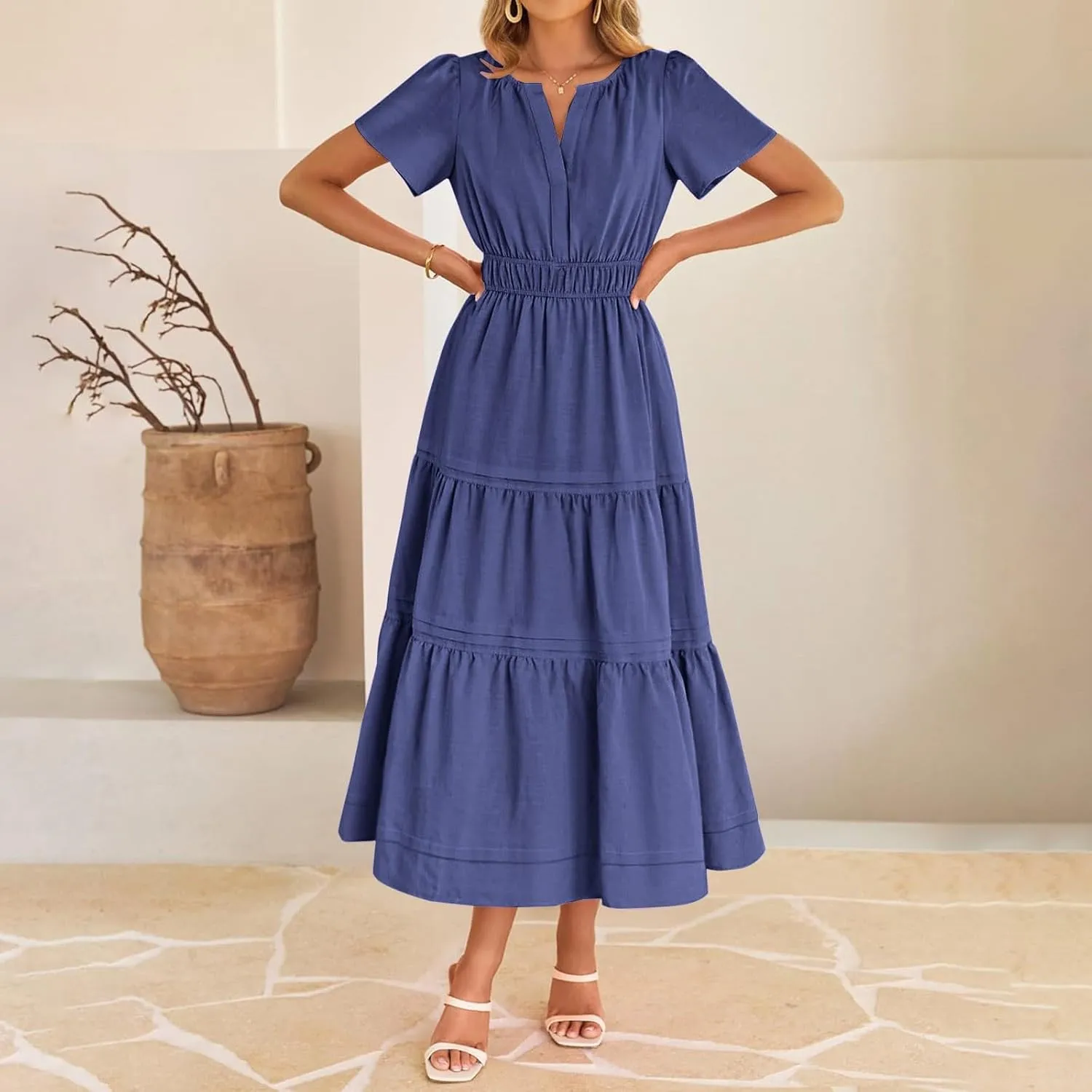 XUNRYAN 2025 Womens Summer Casual Midi Dresses Short Sleeve V Neck Elastic Waist Elegant Boho Flowy Long Dress Beach Sundress