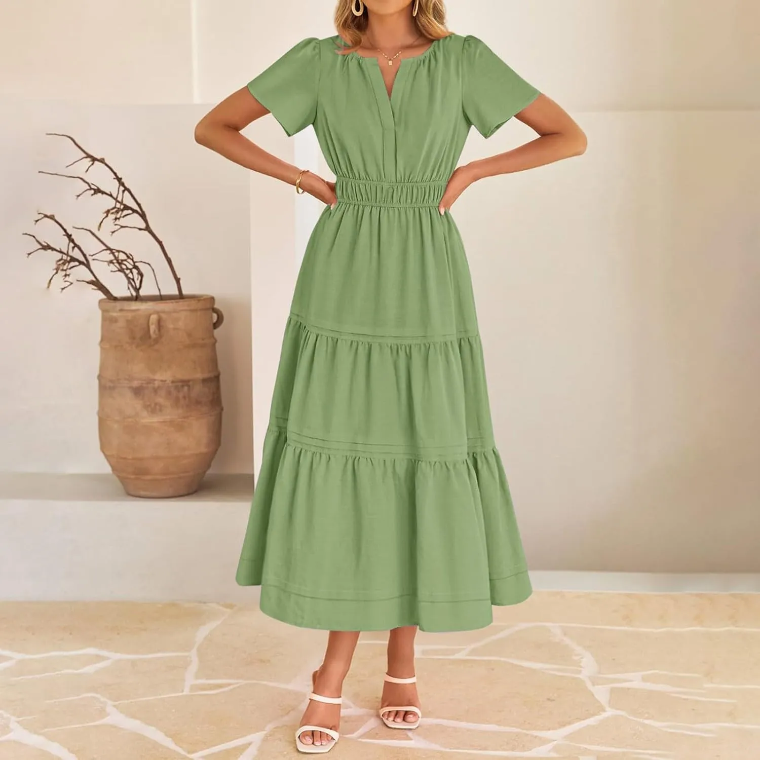 XUNRYAN 2025 Womens Summer Casual Midi Dresses Short Sleeve V Neck Elastic Waist Elegant Boho Flowy Long Dress Beach Sundress