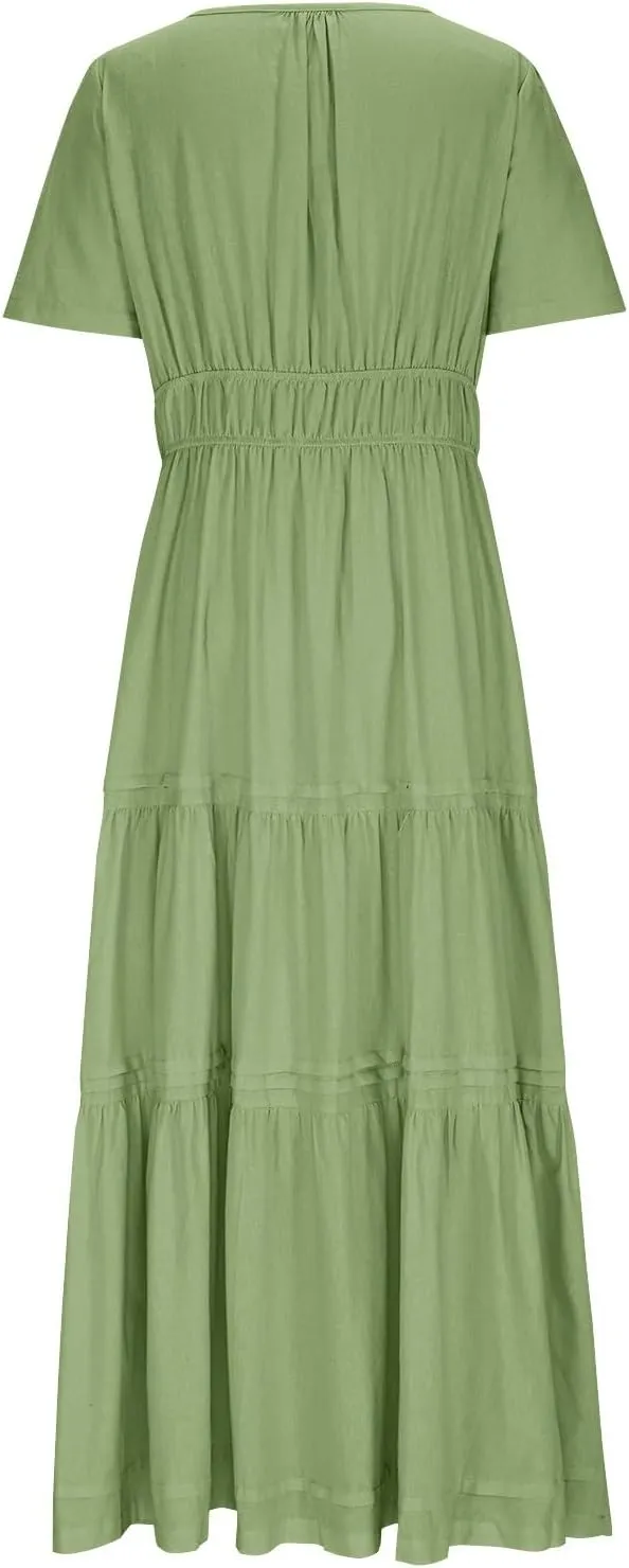 XUNRYAN 2025 Womens Summer Casual Midi Dresses Short Sleeve V Neck Elastic Waist Elegant Boho Flowy Long Dress Beach Sundress
