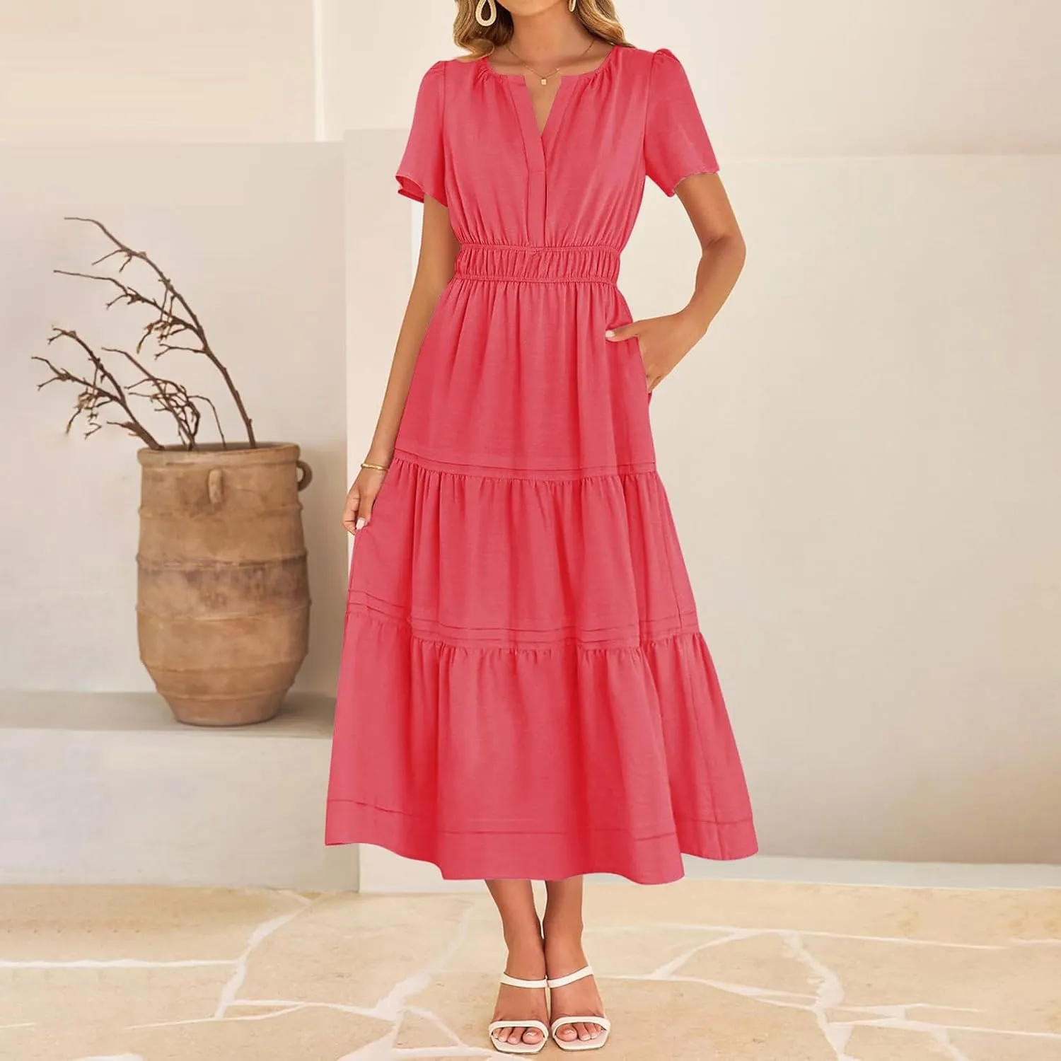XUNRYAN 2025 Womens Summer Casual Midi Dresses Short Sleeve V Neck Elastic Waist Elegant Boho Flowy Long Dress Beach Sundress