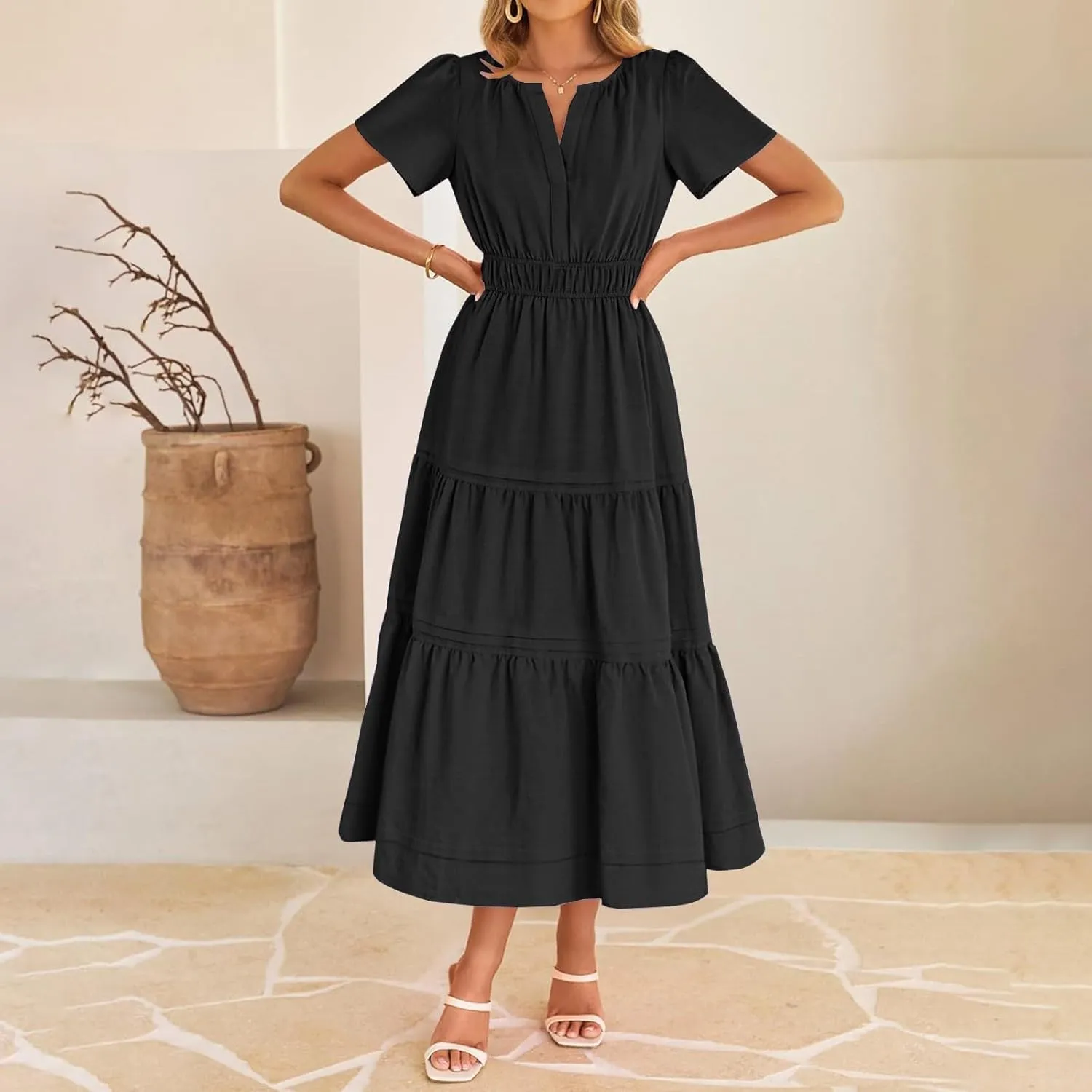 XUNRYAN 2025 Womens Summer Casual Midi Dresses Short Sleeve V Neck Elastic Waist Elegant Boho Flowy Long Dress Beach Sundress
