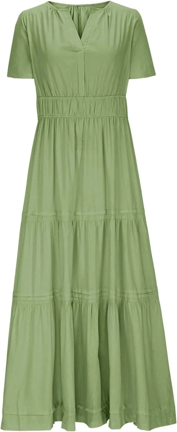 XUNRYAN 2025 Womens Summer Casual Midi Dresses Short Sleeve V Neck Elastic Waist Elegant Boho Flowy Long Dress Beach Sundress