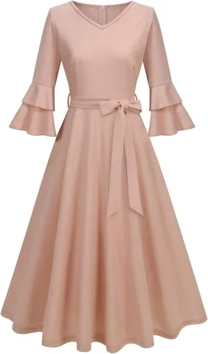 XUNRYAN Cocktail Dress for Women 2025 Long Tiered Bell Sleeves V-Neck Formal Bridesmaid Prom Dresses Evening Party Ball Gown