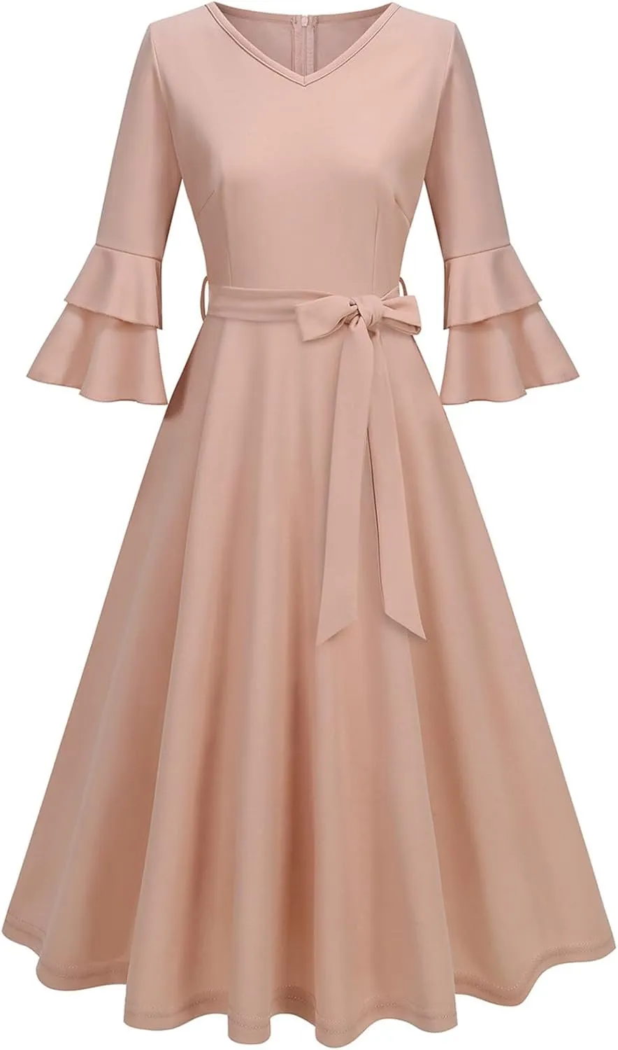 XUNRYAN Cocktail Dress for Women 2025 Long Tiered Bell Sleeves V-Neck Formal Bridesmaid Prom Dresses Evening Party Ball Gown