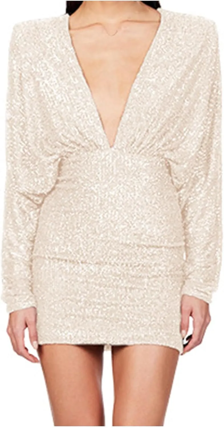 XUNRYAN Sequin Dresses Women 2025 Sparkly Short Prom Dress Sexy Deep V Neck Long Bat Sleeve Cocktail Evening Party Ball Gown