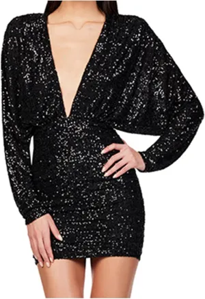 XUNRYAN Sequin Dresses Women 2025 Sparkly Short Prom Dress Sexy Deep V Neck Long Bat Sleeve Cocktail Evening Party Ball Gown