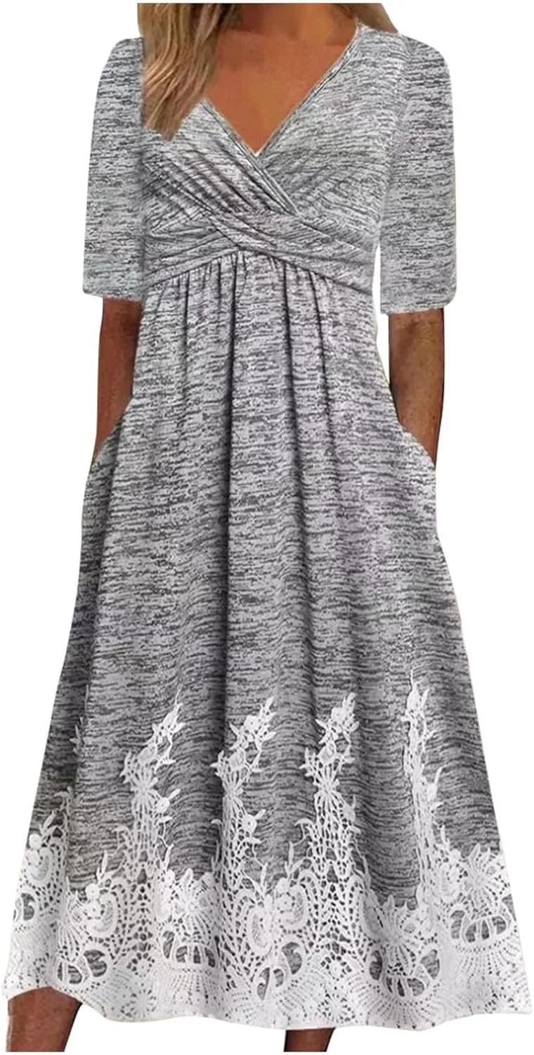 XUNRYAN Summer Dresses Women 2025 Embroidered Floral Lace Twist Front V-Neck High Waist Midi Dress Short Sleeve Sundresses