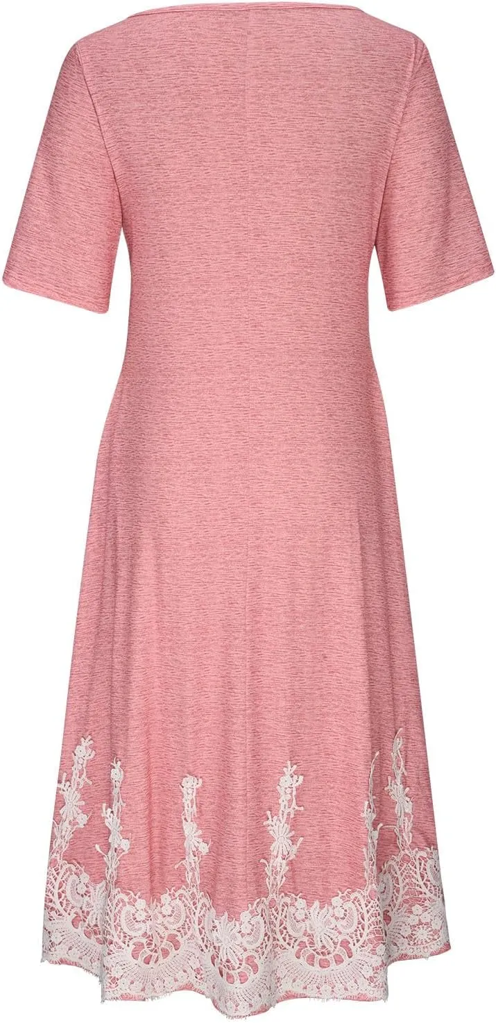 XUNRYAN Summer Dresses Women 2025 Embroidered Floral Lace Twist Front V-Neck High Waist Midi Dress Short Sleeve Sundresses