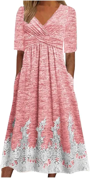 XUNRYAN Summer Dresses Women 2025 Embroidered Floral Lace Twist Front V-Neck High Waist Midi Dress Short Sleeve Sundresses