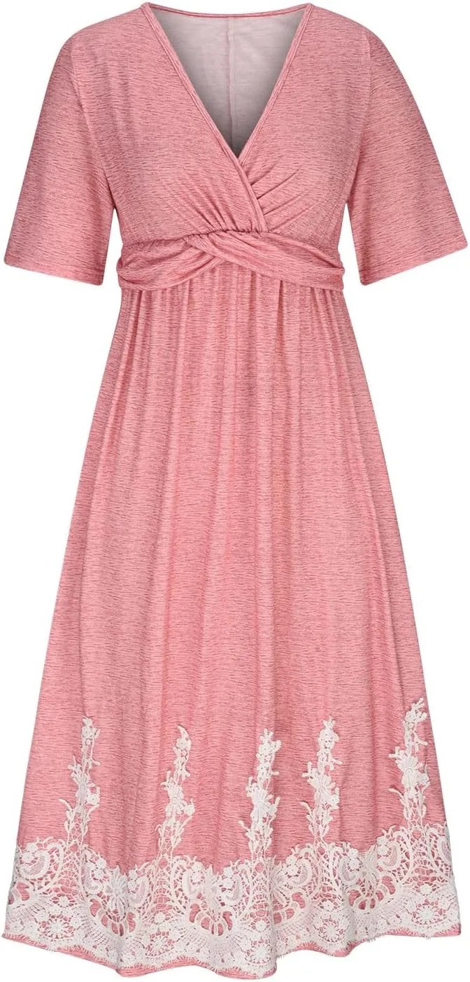 XUNRYAN Summer Dresses Women 2025 Embroidered Floral Lace Twist Front V-Neck High Waist Midi Dress Short Sleeve Sundresses