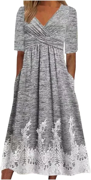 XUNRYAN Summer Dresses Women 2025 Embroidered Floral Lace Twist Front V-Neck High Waist Midi Dress Short Sleeve Sundresses
