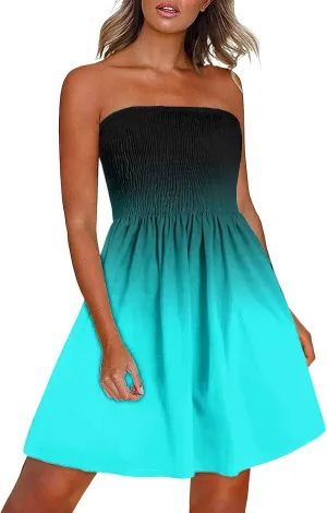 XUNRYAN Summer Dresses Women Strapless Casual Beach Cover Ups Tube Top Sundress Smocked Bandeau Dress 2025 Fashion Clothes