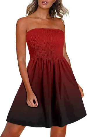 XUNRYAN Summer Dresses Women Strapless Casual Beach Cover Ups Tube Top Sundress Smocked Bandeau Dress 2025 Fashion Clothes