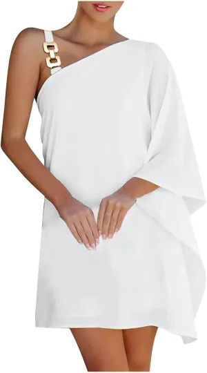 XUNRYAN Women's Casual Batwing Sleeve Metallic Strap One Shoulder Mini Dresses Summer Club Evening Party Cocktail Dresses