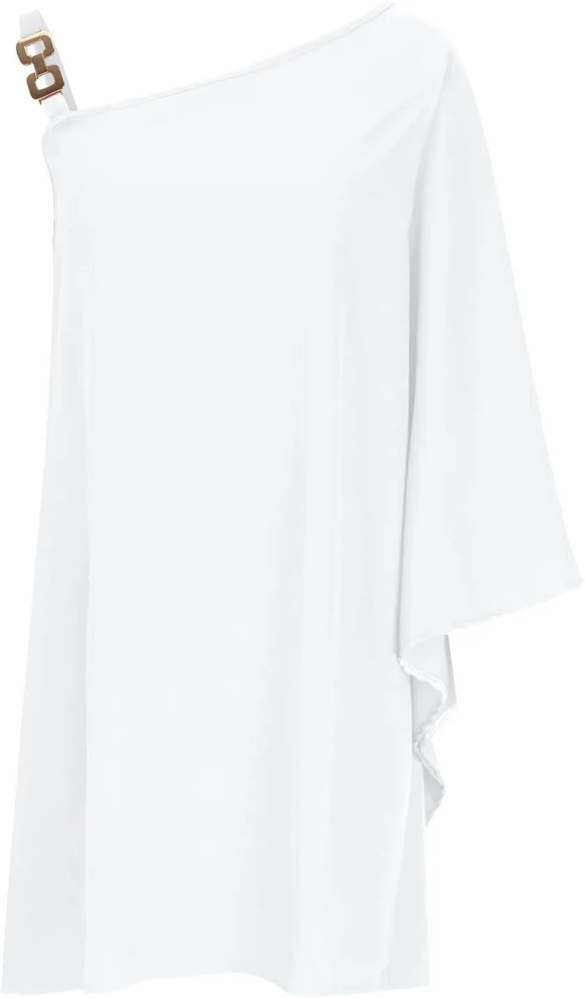 XUNRYAN Women's Casual Batwing Sleeve Metallic Strap One Shoulder Mini Dresses Summer Club Evening Party Cocktail Dresses