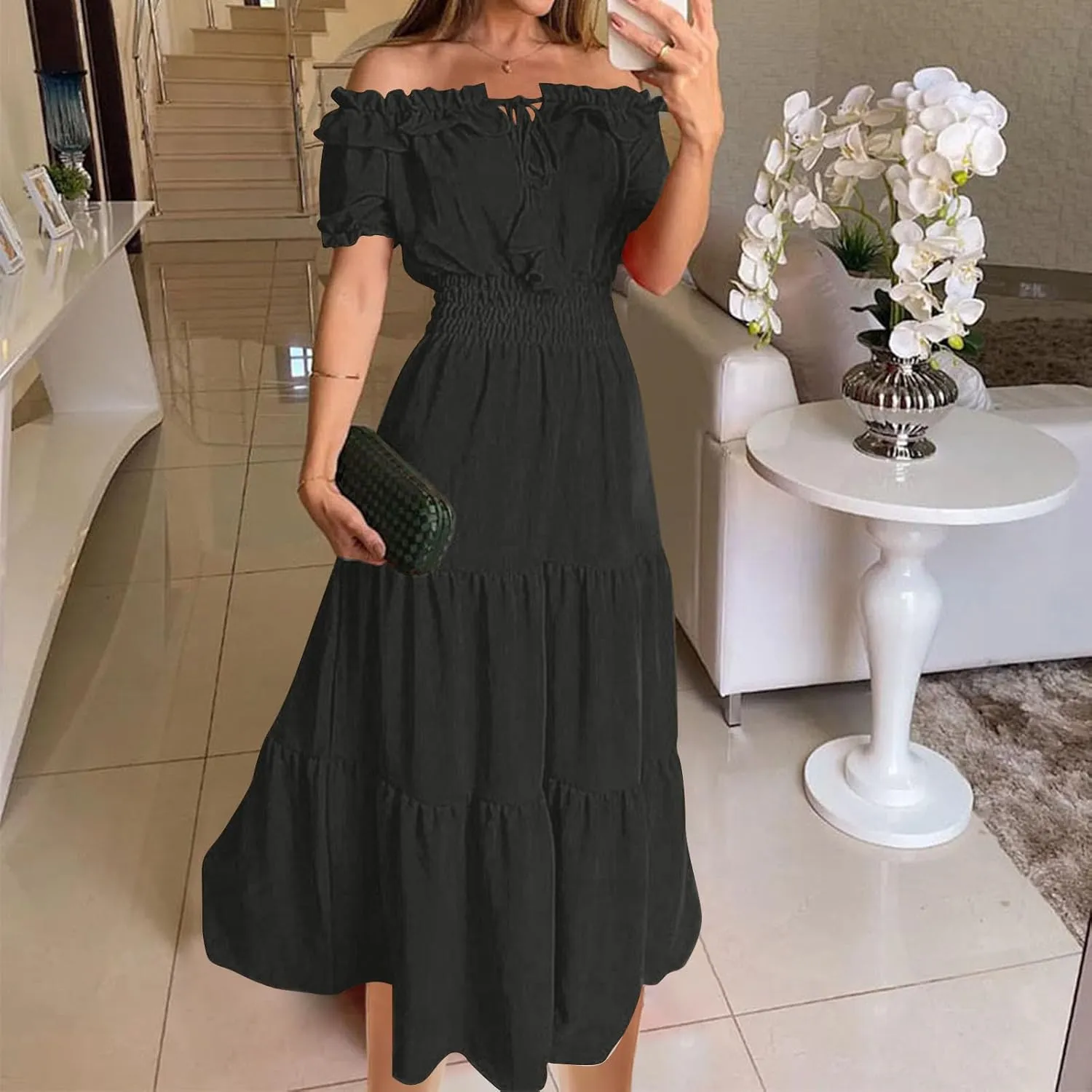 XUNRYAN Womens Off Shoulder Bohemian Dresses Summer Casual Boho Puff Short Sleeve Tiered Ruffle Maxi Dress Beach Sundress