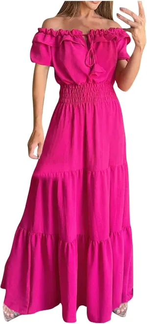 XUNRYAN Womens Off Shoulder Bohemian Dresses Summer Casual Boho Puff Short Sleeve Tiered Ruffle Maxi Dress Beach Sundress