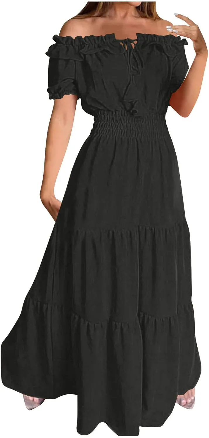 XUNRYAN Womens Off Shoulder Bohemian Dresses Summer Casual Boho Puff Short Sleeve Tiered Ruffle Maxi Dress Beach Sundress