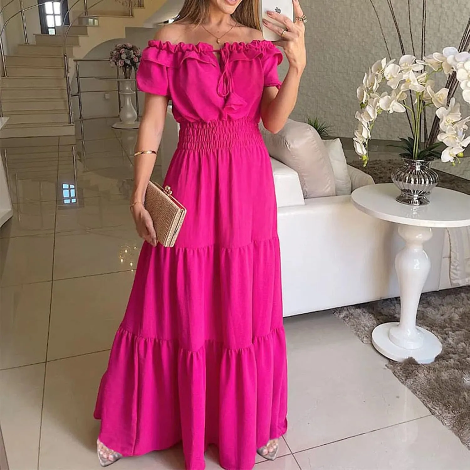 XUNRYAN Womens Off Shoulder Bohemian Dresses Summer Casual Boho Puff Short Sleeve Tiered Ruffle Maxi Dress Beach Sundress