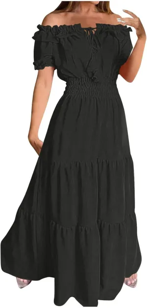 XUNRYAN Womens Off Shoulder Bohemian Dresses Summer Casual Boho Puff Short Sleeve Tiered Ruffle Maxi Dress Beach Sundress