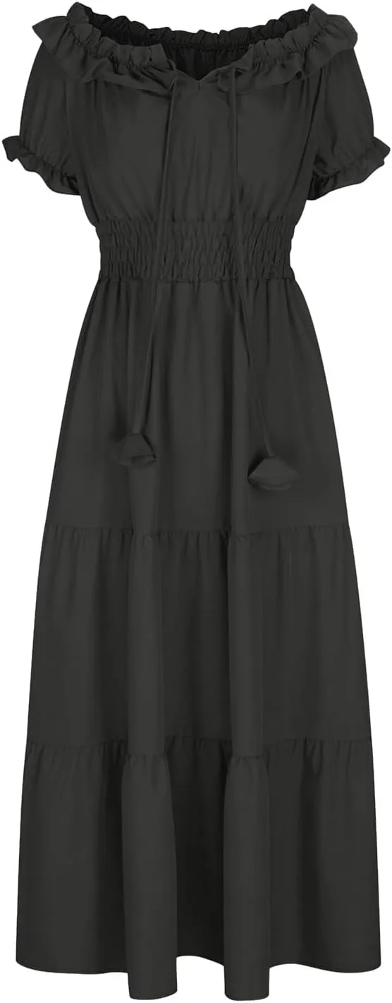 XUNRYAN Womens Off Shoulder Bohemian Dresses Summer Casual Boho Puff Short Sleeve Tiered Ruffle Maxi Dress Beach Sundress