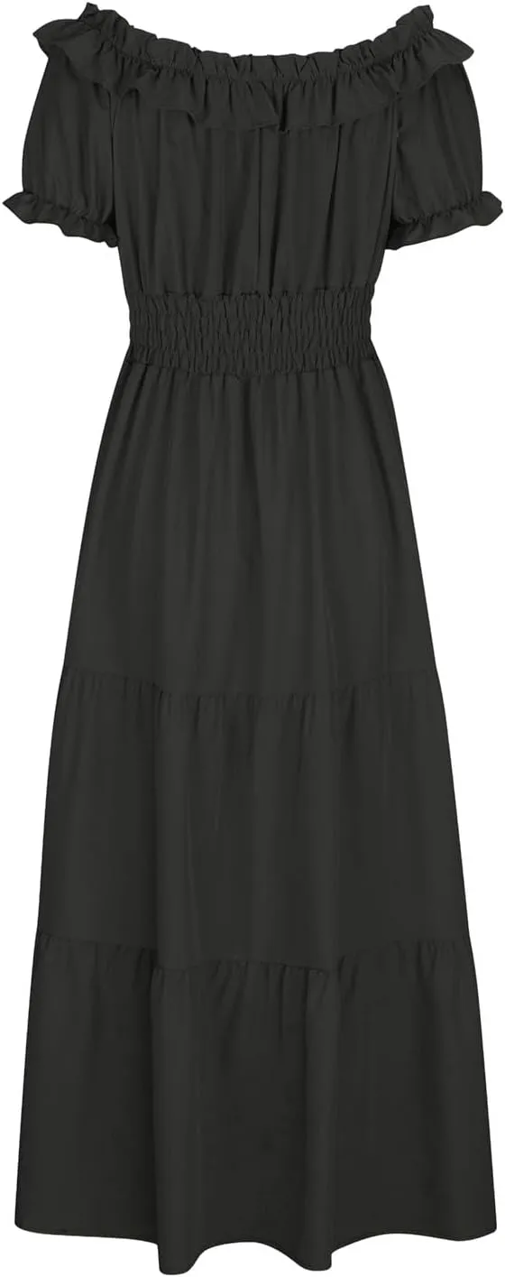 XUNRYAN Womens Off Shoulder Bohemian Dresses Summer Casual Boho Puff Short Sleeve Tiered Ruffle Maxi Dress Beach Sundress