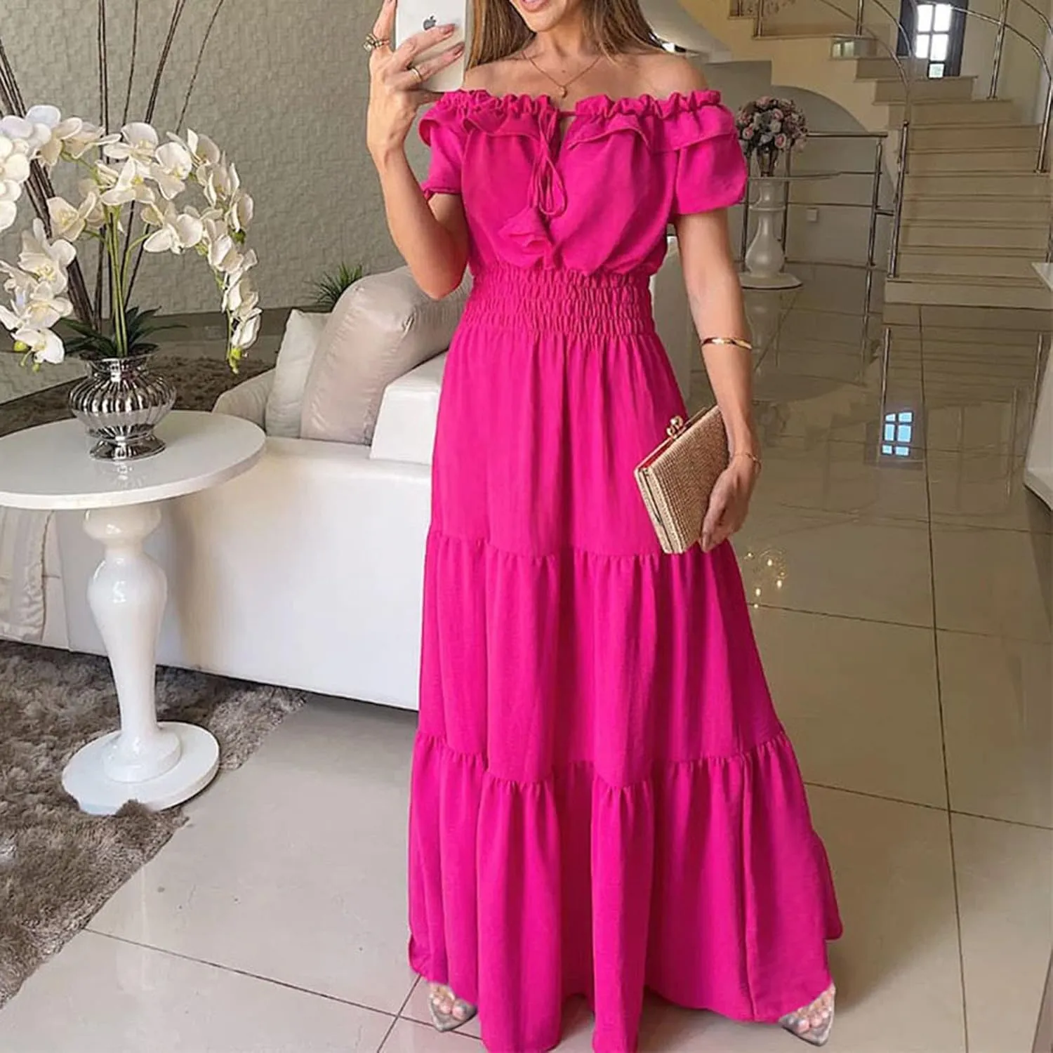 XUNRYAN Womens Off Shoulder Bohemian Dresses Summer Casual Boho Puff Short Sleeve Tiered Ruffle Maxi Dress Beach Sundress