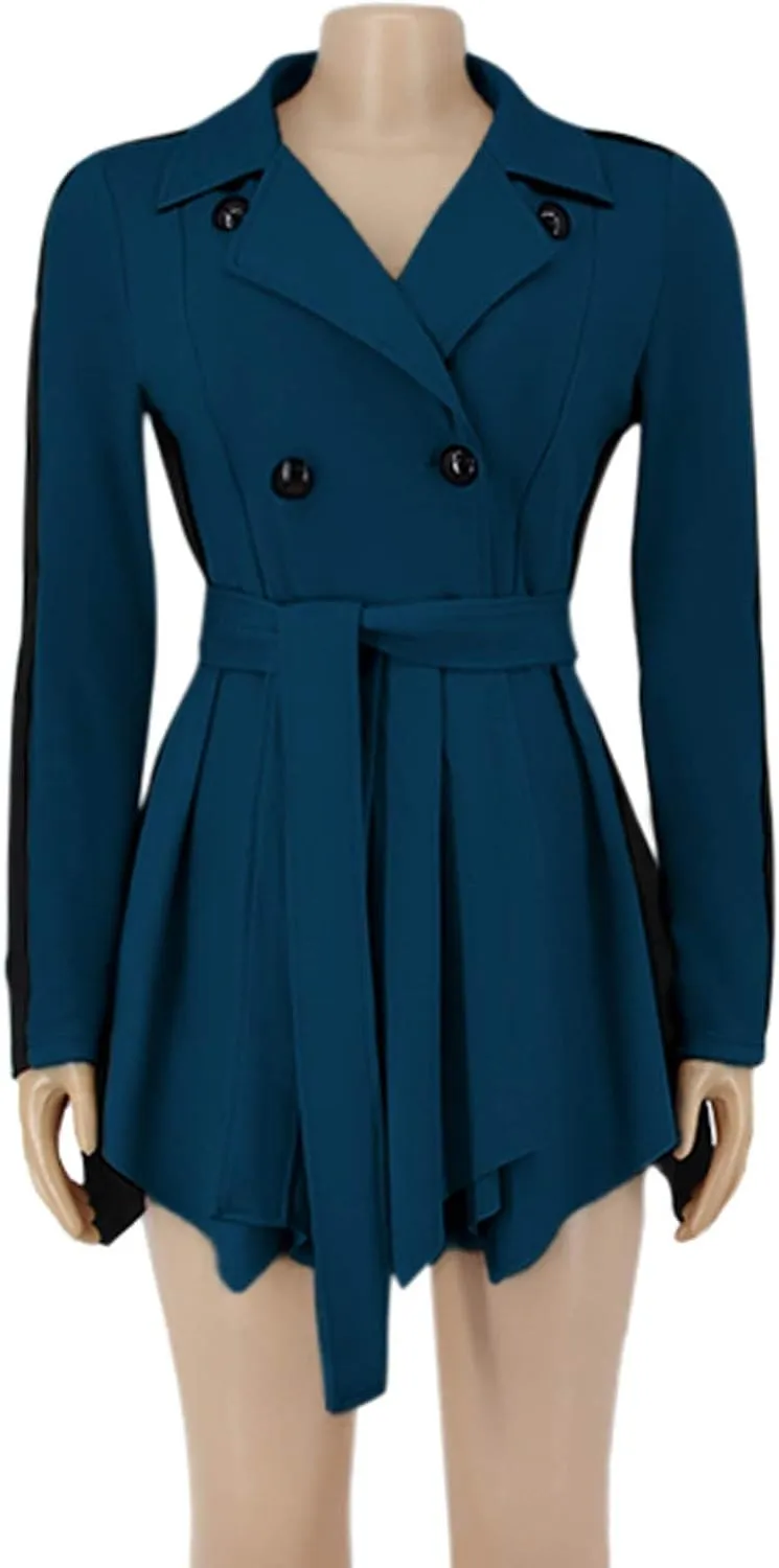 XUNRYAN Womens Sexy Blazer Mini Dress Two Tone Lapel V Neck Double-Breasted Peplum Jacket Belted Trench Coat Fall Outfit