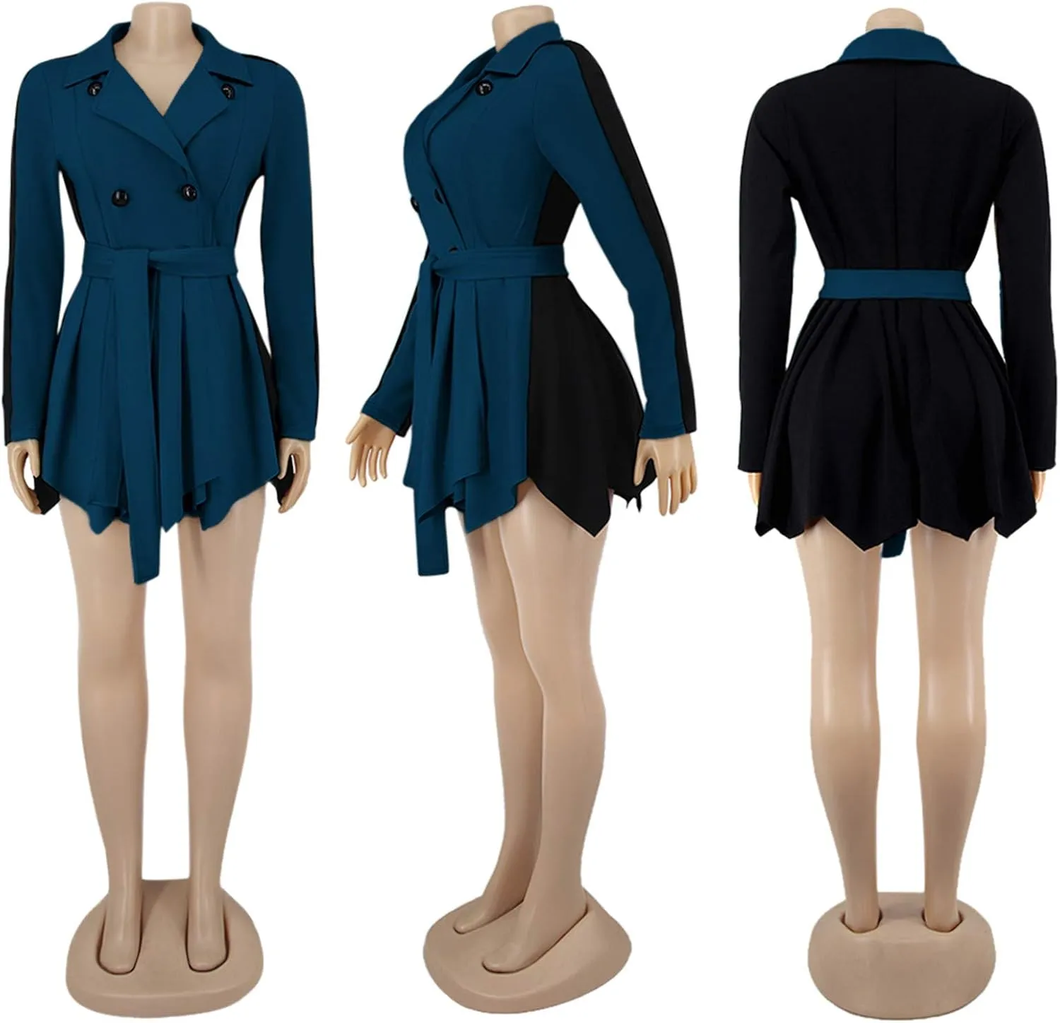 XUNRYAN Womens Sexy Blazer Mini Dress Two Tone Lapel V Neck Double-Breasted Peplum Jacket Belted Trench Coat Fall Outfit