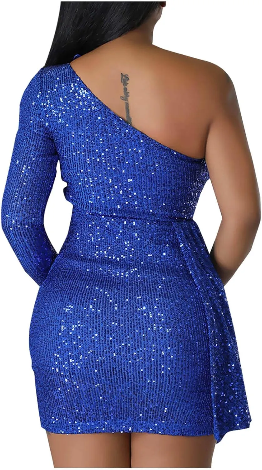 XUNRYAN Women's Sexy One Shoulder Bodycon Sequin Mini Dresses Casual Long Sleeve Wrap Cocktail Party Short Dress Club Outfit