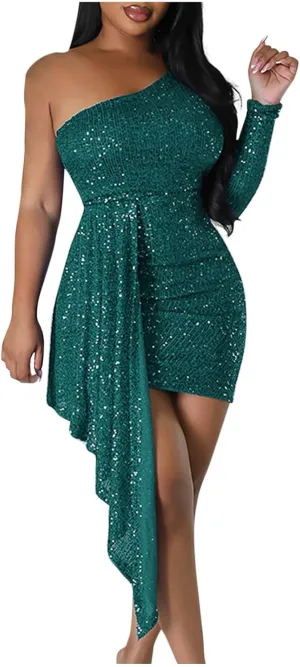 XUNRYAN Women's Sexy One Shoulder Bodycon Sequin Mini Dresses Casual Long Sleeve Wrap Cocktail Party Short Dress Club Outfit