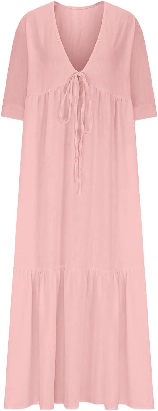 XUNRYAN Women's Summer Boho Dresses Cotton Linen Tiered Casual Flowy Deep V-Neck Tie Maxi Dress Long Sundress Beach Coverup