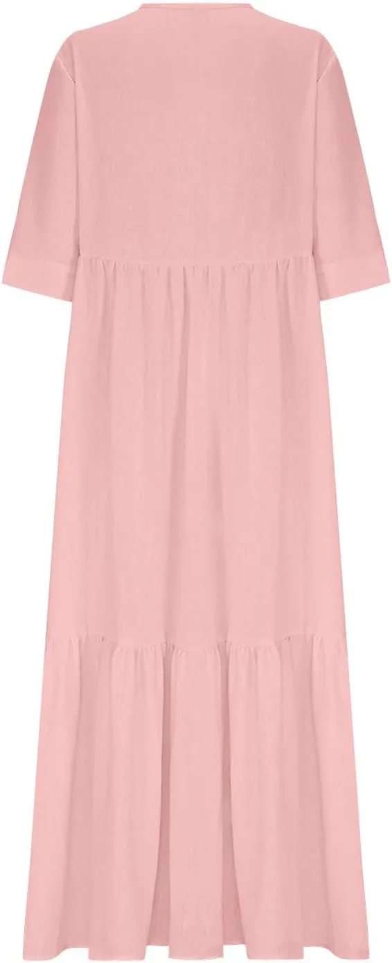 XUNRYAN Women's Summer Boho Dresses Cotton Linen Tiered Casual Flowy Deep V-Neck Tie Maxi Dress Long Sundress Beach Coverup