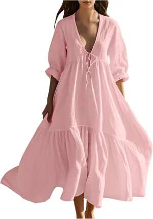 XUNRYAN Women's Summer Boho Dresses Cotton Linen Tiered Casual Flowy Deep V-Neck Tie Maxi Dress Long Sundress Beach Coverup