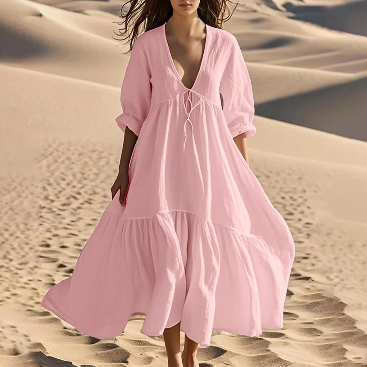 XUNRYAN Women's Summer Boho Dresses Cotton Linen Tiered Casual Flowy Deep V-Neck Tie Maxi Dress Long Sundress Beach Coverup