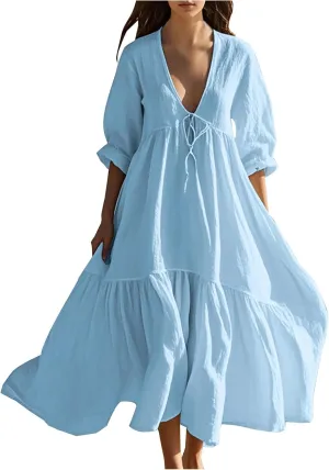 XUNRYAN Women's Summer Boho Dresses Cotton Linen Tiered Casual Flowy Deep V-Neck Tie Maxi Dress Long Sundress Beach Coverup