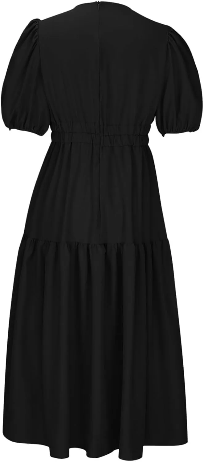 XUNRYAN Women's Summer Boho Maxi Dress 2025 Puff Sleeve Deep V Neck Boho Party Beach Tiered Ruffle Flowy Long Smocked Dresses