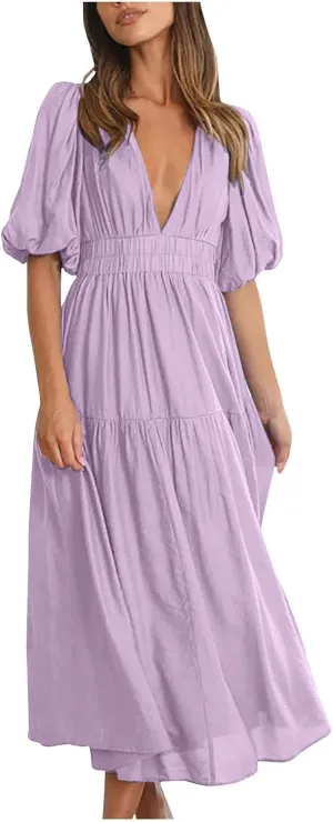XUNRYAN Women's Summer Boho Maxi Dress 2025 Puff Sleeve Deep V Neck Boho Party Beach Tiered Ruffle Flowy Long Smocked Dresses