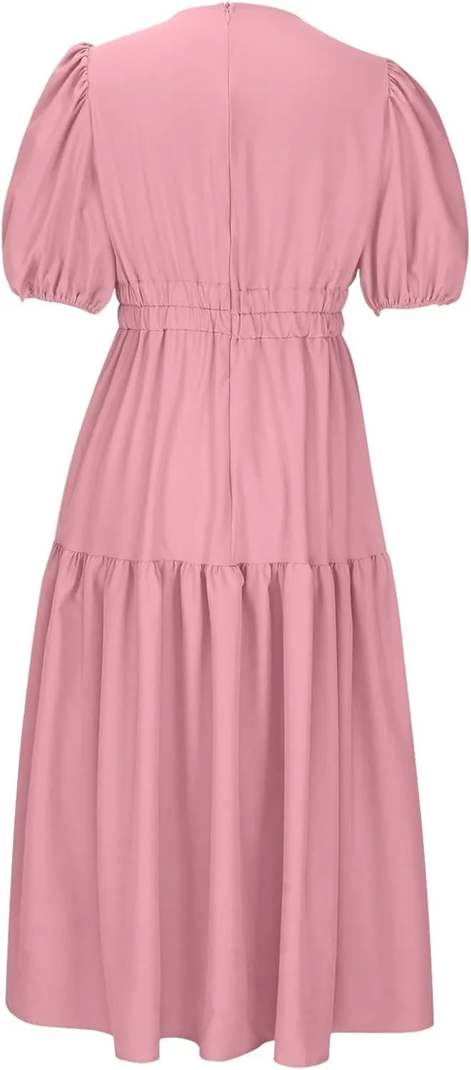 XUNRYAN Women's Summer Boho Maxi Dress 2025 Puff Sleeve Deep V Neck Boho Party Beach Tiered Ruffle Flowy Long Smocked Dresses